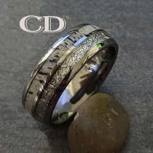 Men's Silver Tungsten Wedding Ring Meteor & Deer Antler Inlay